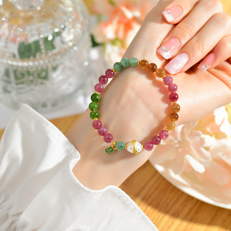 Natural Multicolored Tourmaline Pearl Auspicious Character Charm Wisdom Bracelet