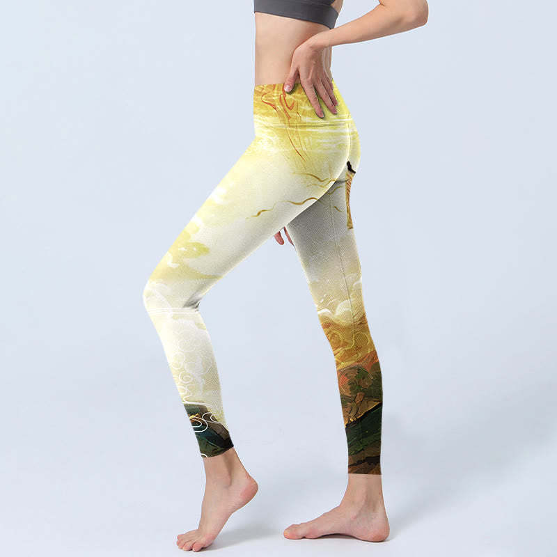 Golden Auspicious Cloud Figure Print Fitness Leggings Women's Yoga Pants