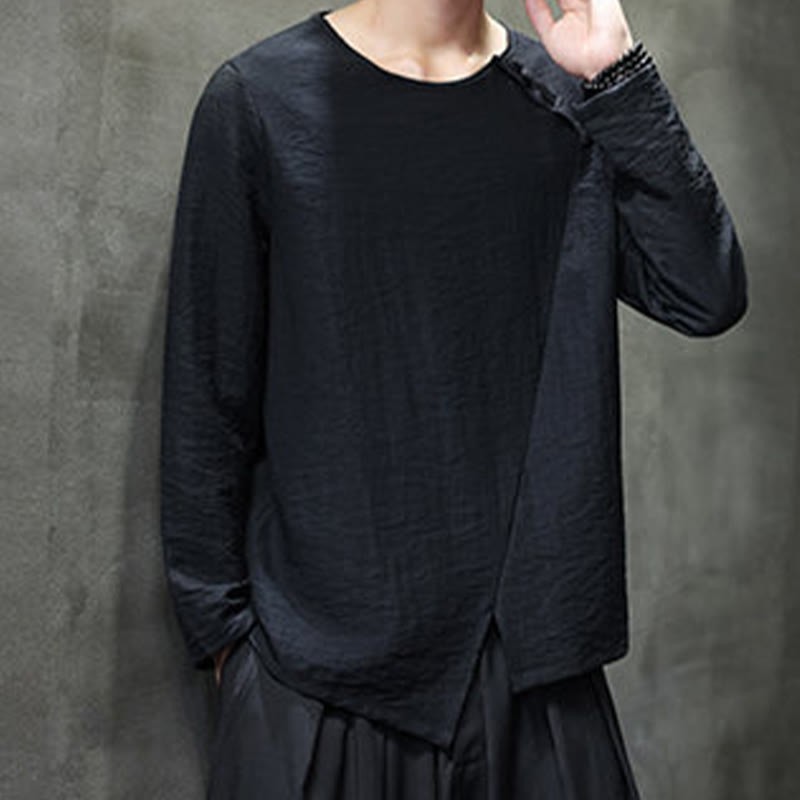 Fall Solid Round Neck Long Sleeve T-Shirt Cotton Men Clothing