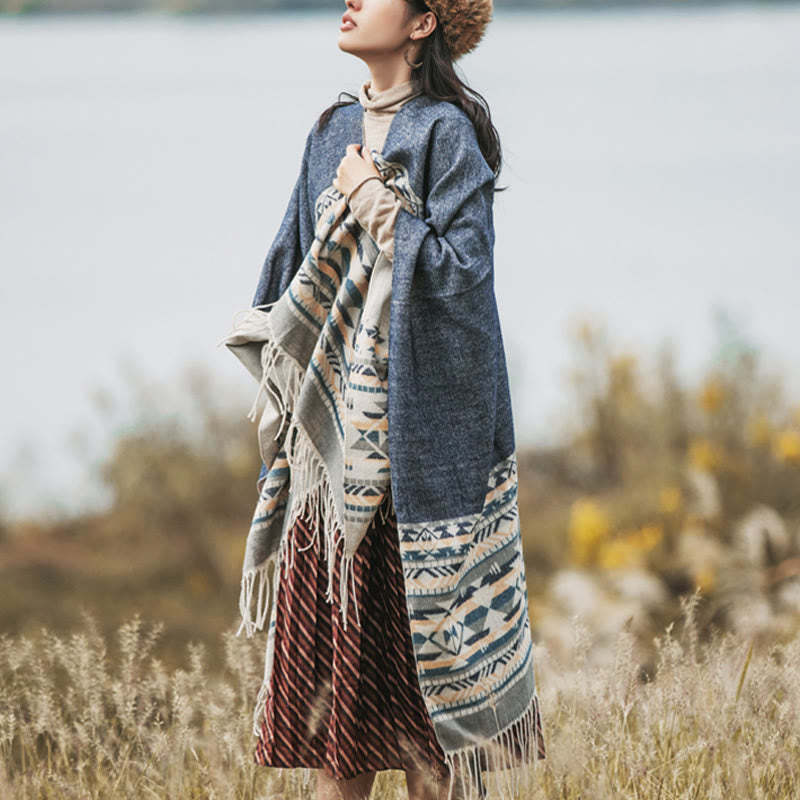 Tibetan Geometric Rhombus Pattern Tassels Shawl Fall Winter Warm Cozy Scarf Wrap