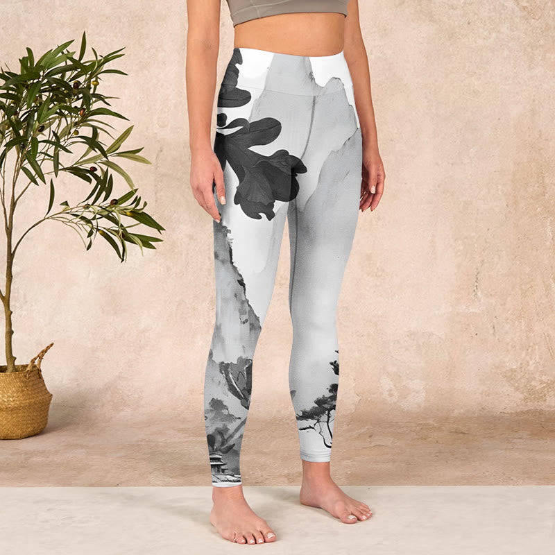 Ink Painting Trees Mountains Scenery Print Gym Leggings Women's Yoga Pants