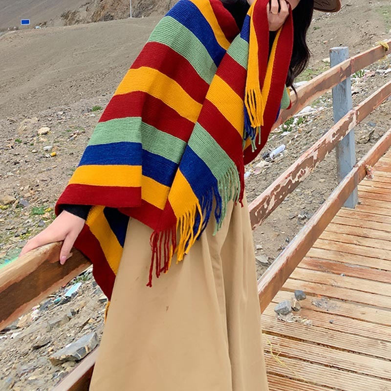 Tibetan Colorful Striped Design Shawl Tassels Pullover Winter Cozy Travel Scarf Wrap
