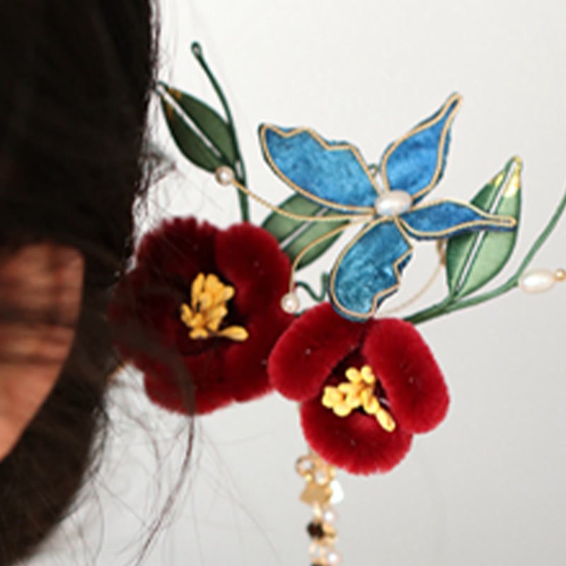 Classical Chinese Style Red Flower Blue Butterfly Hairpin Hair Clip Hair Comb Barrette