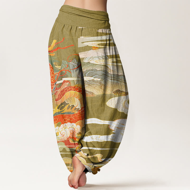 Dragons Auspicious Clouds?pattern Women's Elastic Waist Harem Pants
