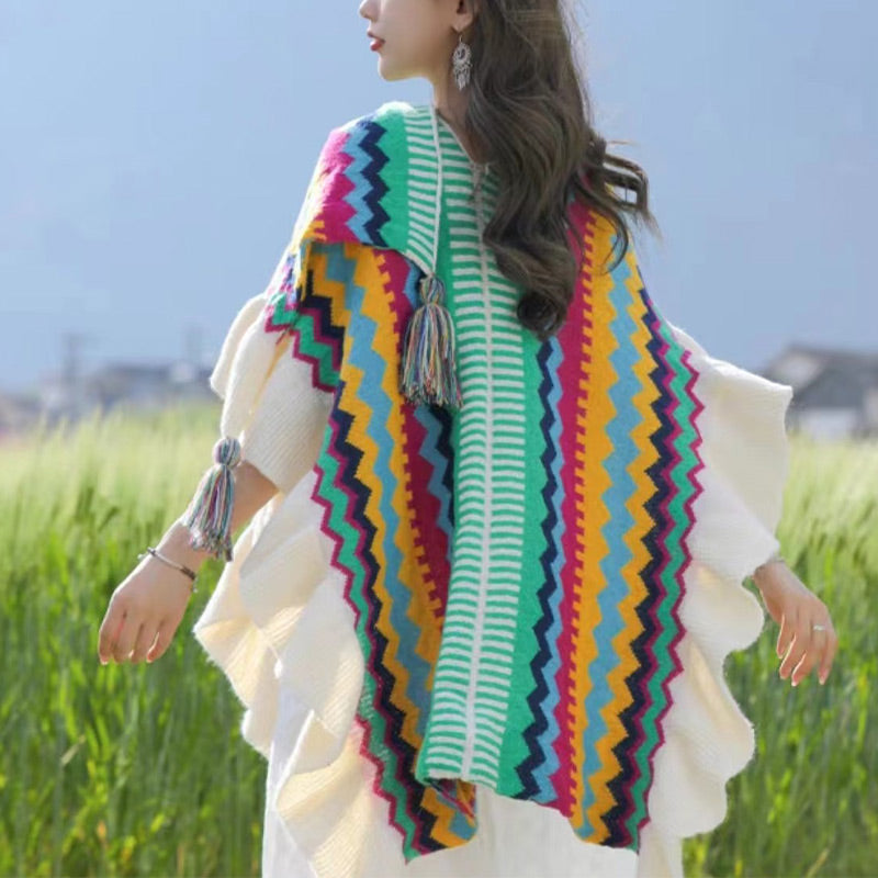 Tibetan Colorful Striped Shawl Tassels Cozy Warm Travel Scarf Wrap