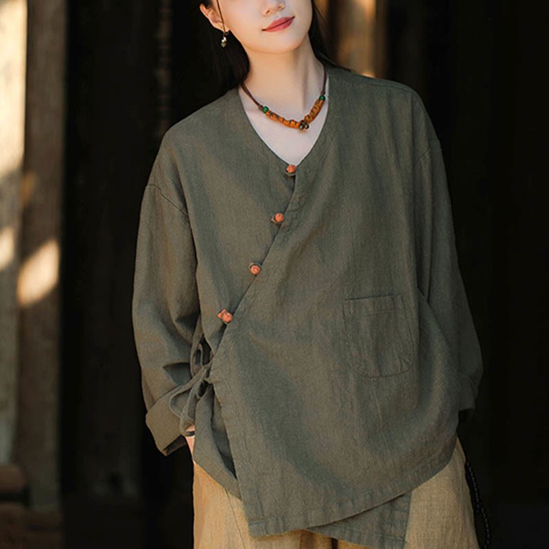 Solid Color Ramie Linen Loose Blouse Long Sleeve Shirt Chinese Hanfu Top