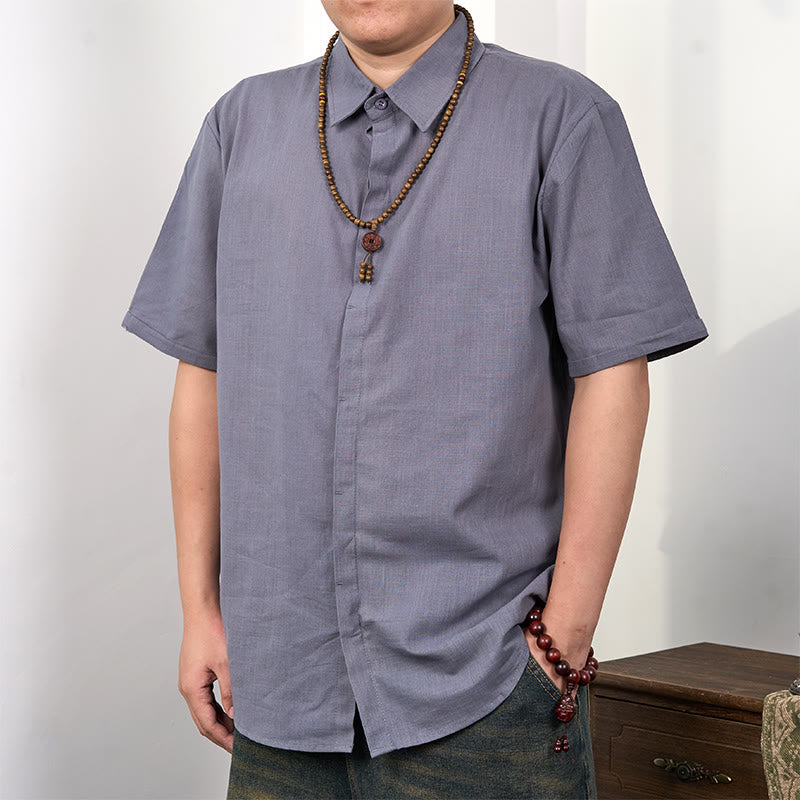 Men's Short Sleeve Button Casual Cotton Linen Shirt