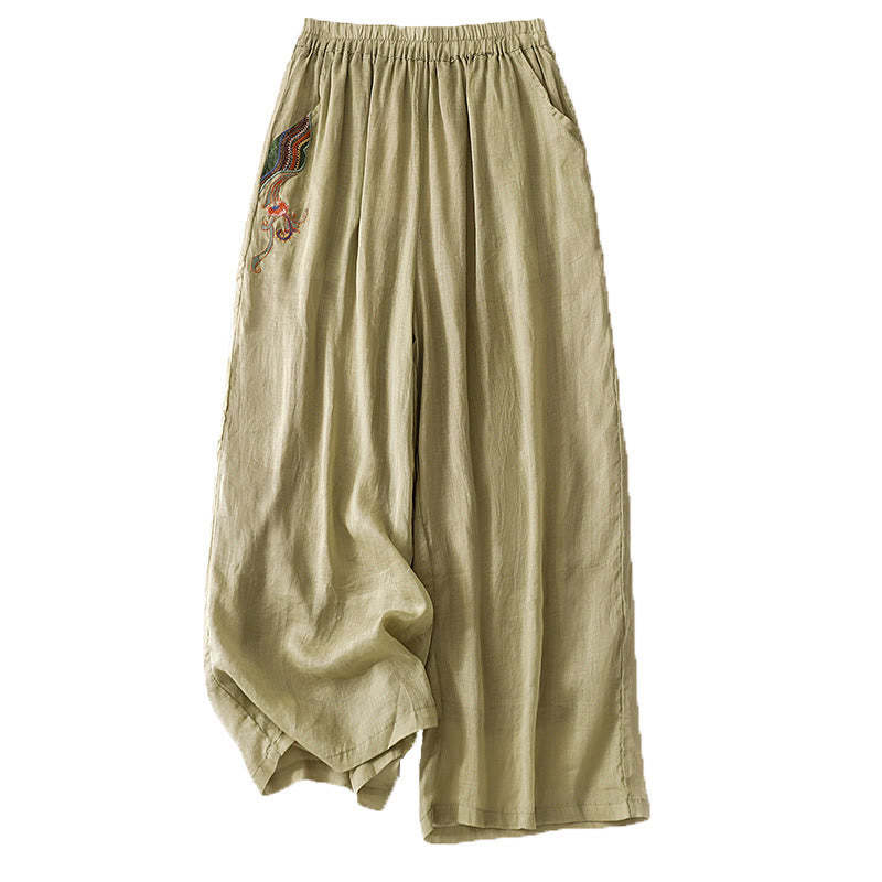 Summer Embroidery Double Layer Cotton Linen Women's Wide Leg Pants With Pockets