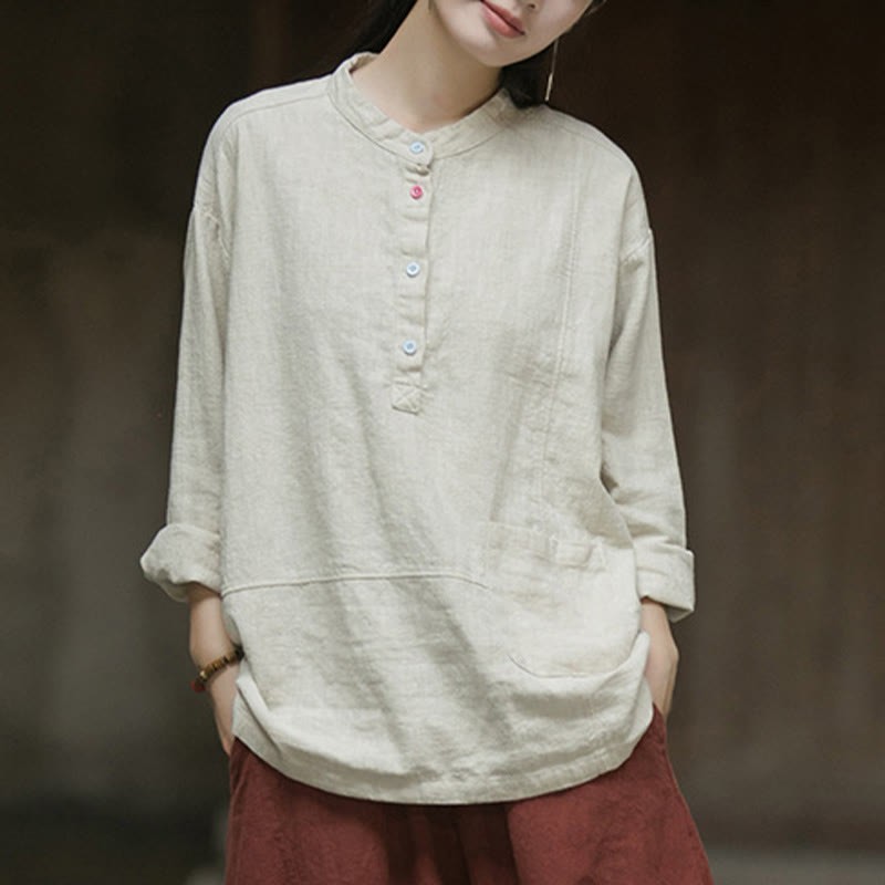 Solid Color Long Sleeve Ramie Linen Half Button Women's Shirt