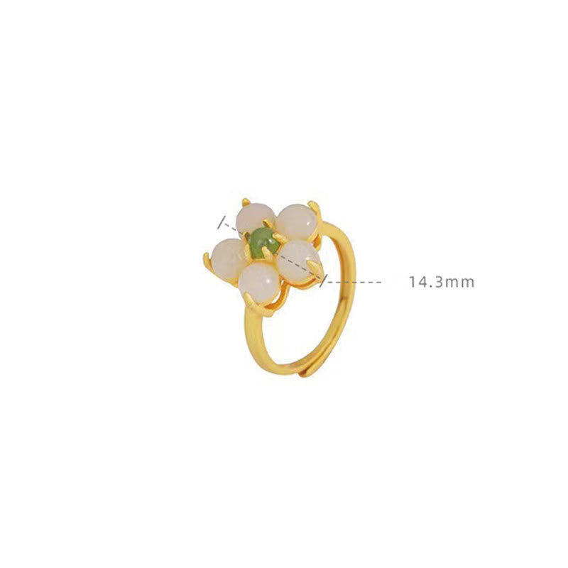 925 Sterling Silver Natural Hetian Jade Peach Blossom Flower Luck Adjustable Ring