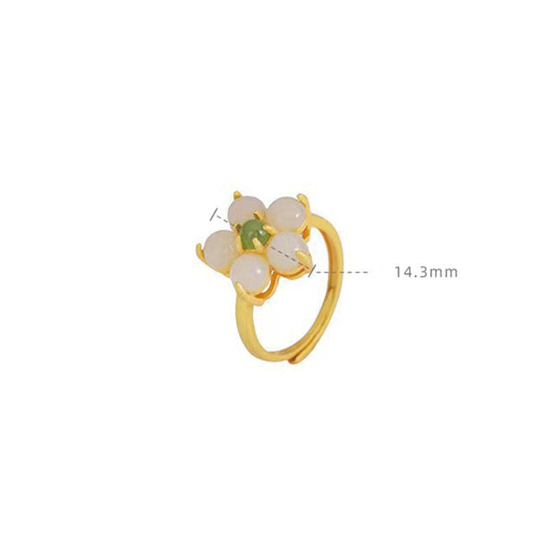 925 Sterling Silver Natural Hetian Jade Peach Blossom Flower Luck Adjustable Ring