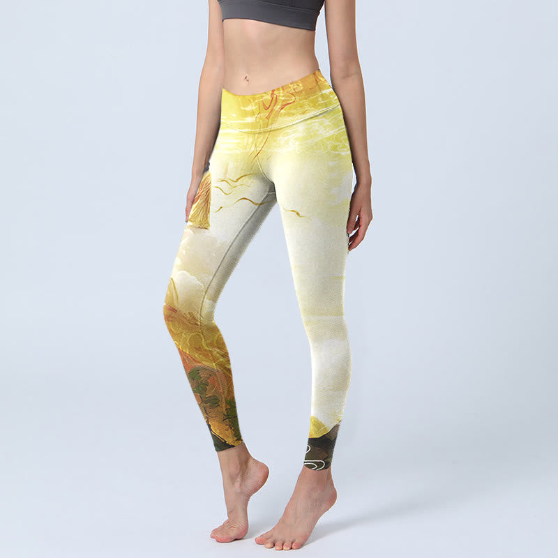 Golden Auspicious Cloud Figure Print Fitness Leggings Women's Yoga Pants