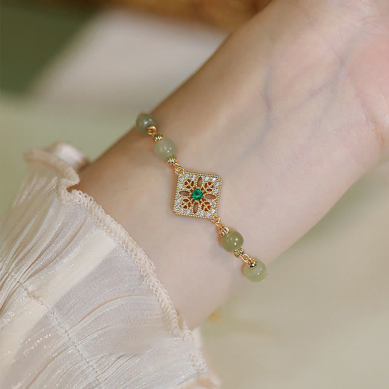 Natural Hetian Jade Bead Square Pattern Luck Chain Bracelet
