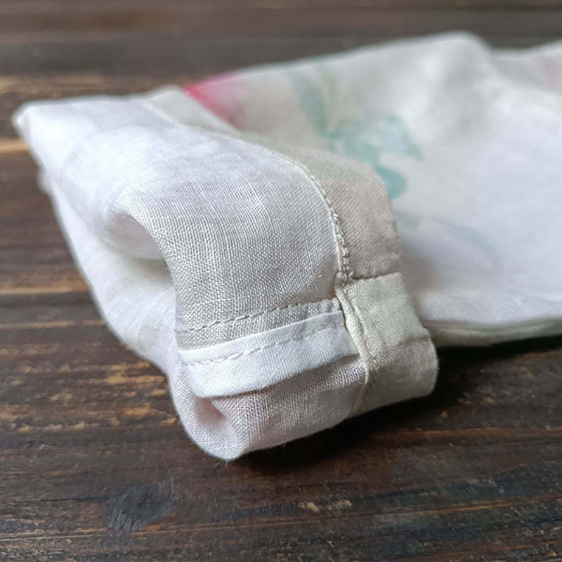 White Red Flowers Green Leaves Frog-Button Long Sleeve Ramie Linen Jacket Shirt