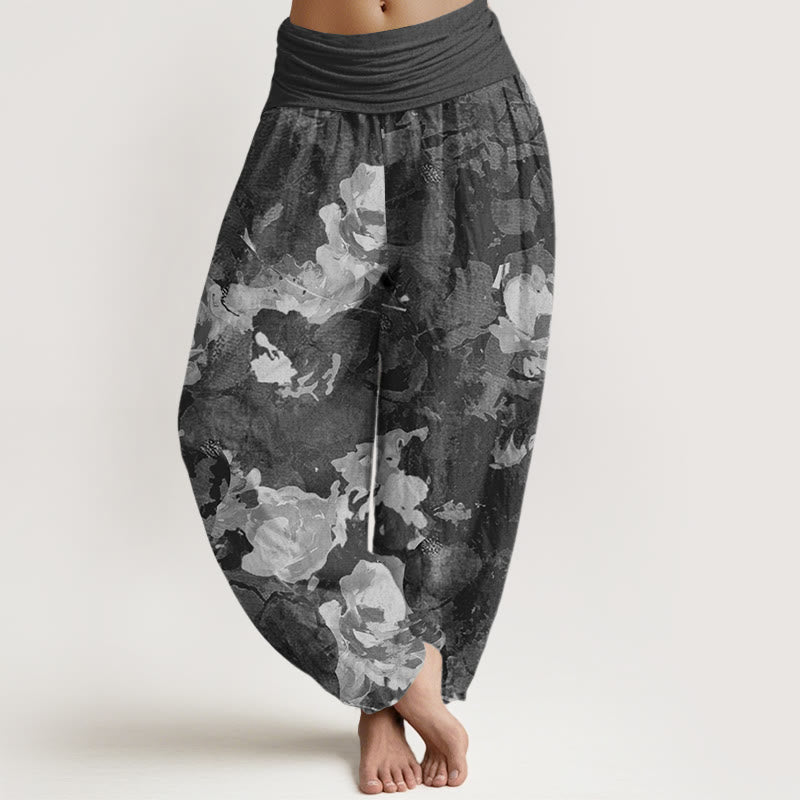 Rose Flowers Pattern Women's Elastic Waist Harem Pants