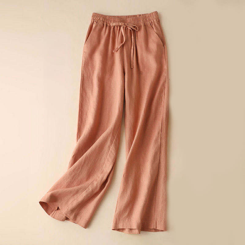 Casual Cotton Linen High Waist Lace-up Wide Leg Pants With Pockets