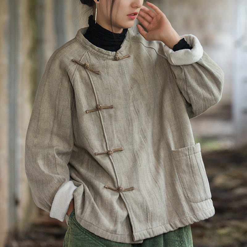 Solid Color Frog-button Thermal Long Sleeve Ramie Linen Women's Shirt