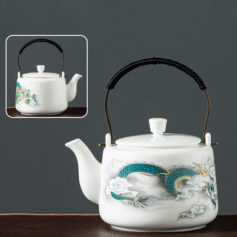 Vintage Dragon Mountain Fisherman Landscape White Porcelain Ceramic Kung Fu Teapot
