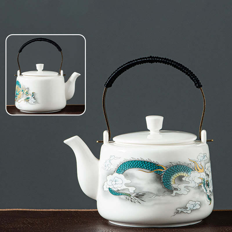 Vintage Dragon Mountain Fisherman Landscape White Porcelain Ceramic Kung Fu Teapot