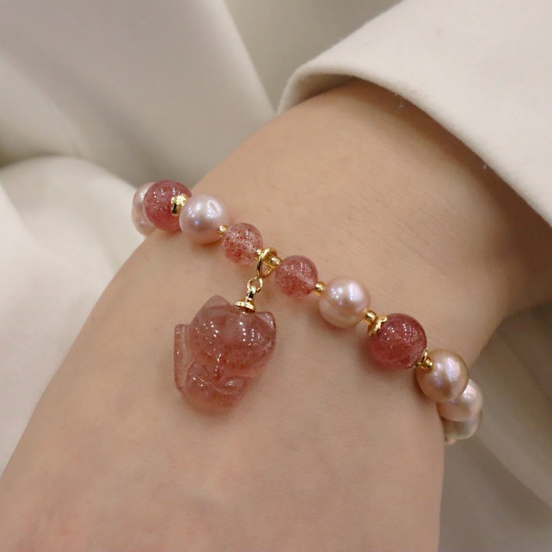 Natural Pearl Strawberry Quartz Cute Fox Love Healing Charm Bracelet