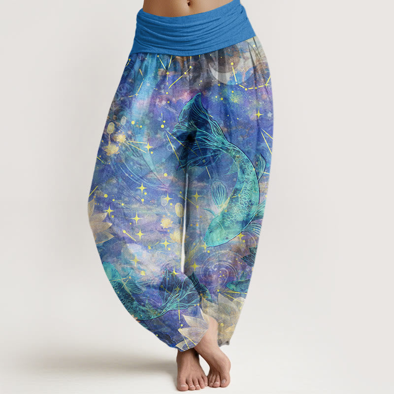 Koi Fish Lotus Moon Stars Pattern Women's Elastic Waist Harem Pants