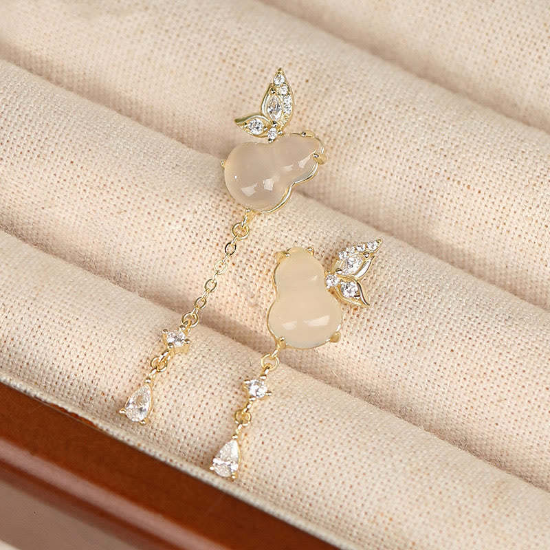 Hetian Jade Magnolia Chalcedony 925 Sterling Silver Butterfly Gourd Luck Earrings