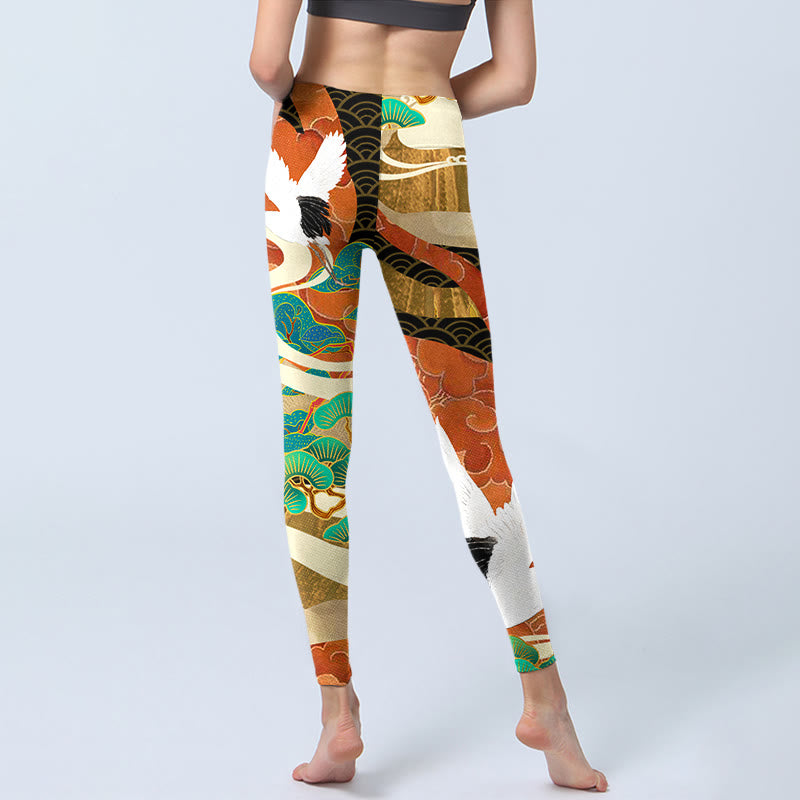 Red-crowned Crane Auspicious Clouds Pine Tree Print Gym Leggings Women's Yoga Pants
