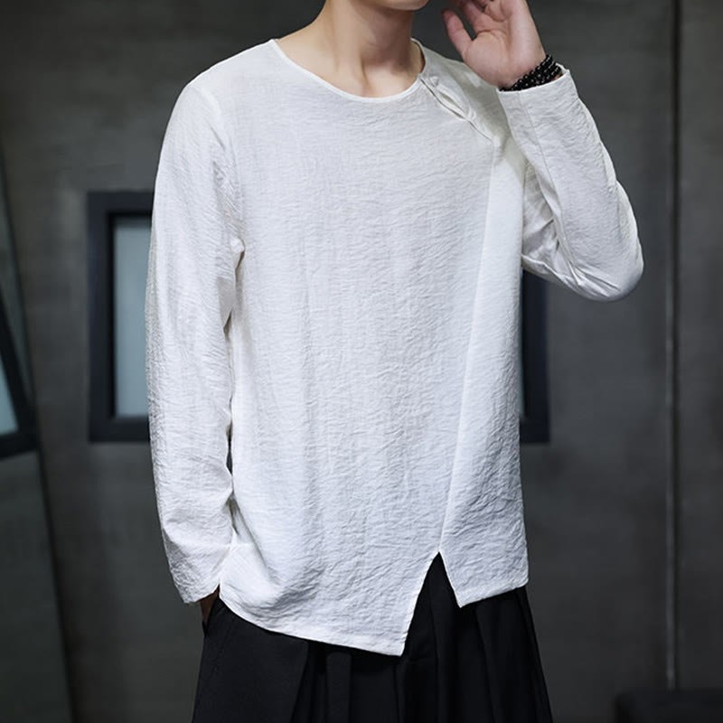 Fall Solid Round Neck Long Sleeve T-Shirt Cotton Men Clothing