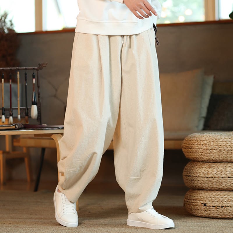 Solid Color Cotton Linen Drawstring Men's Harem Pants With Pockets