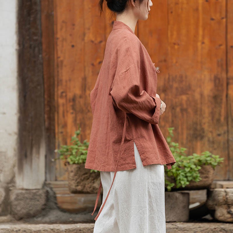 Frog-Button Hanfu Design Shirt Top Ramie Linen Jacket