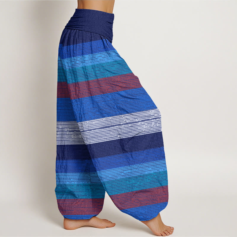 Casual Colorful Horizontal Stripe Pattern Women's Elastic Waist Harem Pants