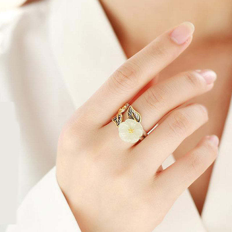 925 Silver Plated Copper White Jade Plum Flower Leaf Luck Ring
