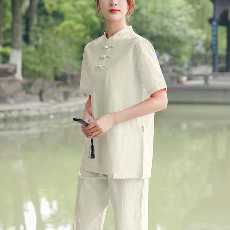 2Pcs Women's Short Sleeve Shirt Top T-Shirt Pants Meditation Zen Tai Chi Cotton Linen Clothing Set