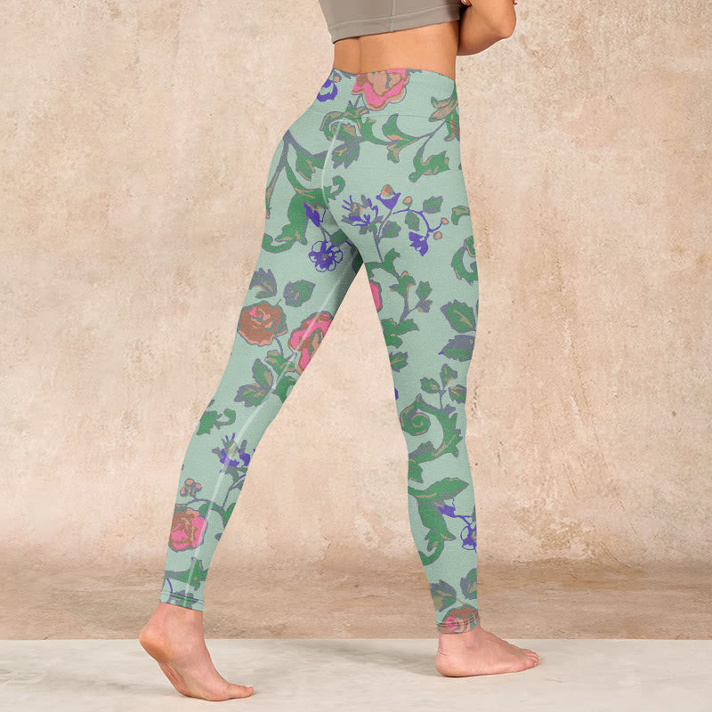Green Red Roses Green Leaves Print Gym Leggings Women's Yoga Pants