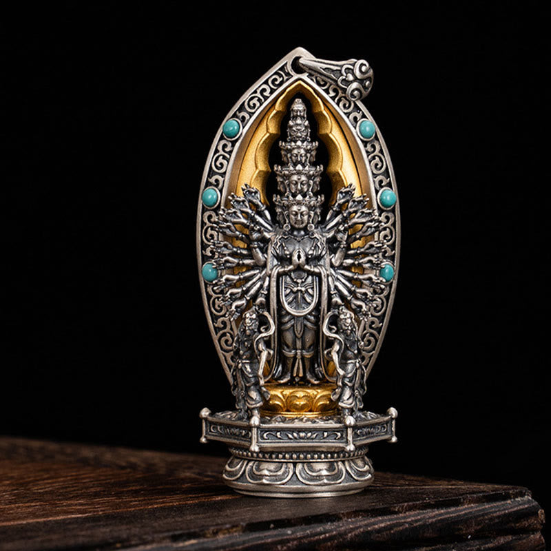 925 Sterling Silver Thousand-armed Guanyin Kwan Yin Avalokite?vara Wealth Necklace Pendant
