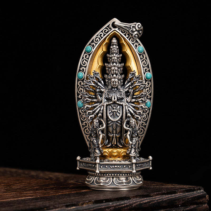 925 Sterling Silver Thousand-armed Guanyin Kwan Yin Avalokite?vara Wealth Necklace Pendant
