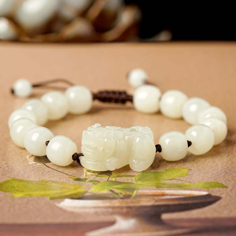 Natural Hetian White Jade PiXiu Wealth String Bracelet