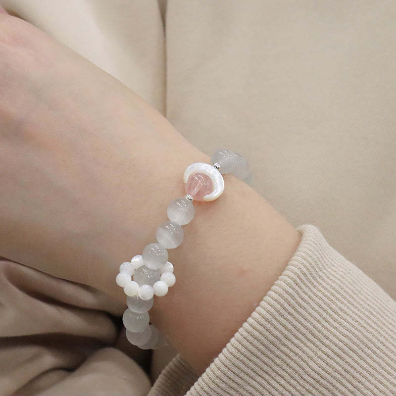 925 Sterling Silver Natural Amethyst Aquamarine Pink Crystal Cat's Eye Healing Crescent Moon Bracelet