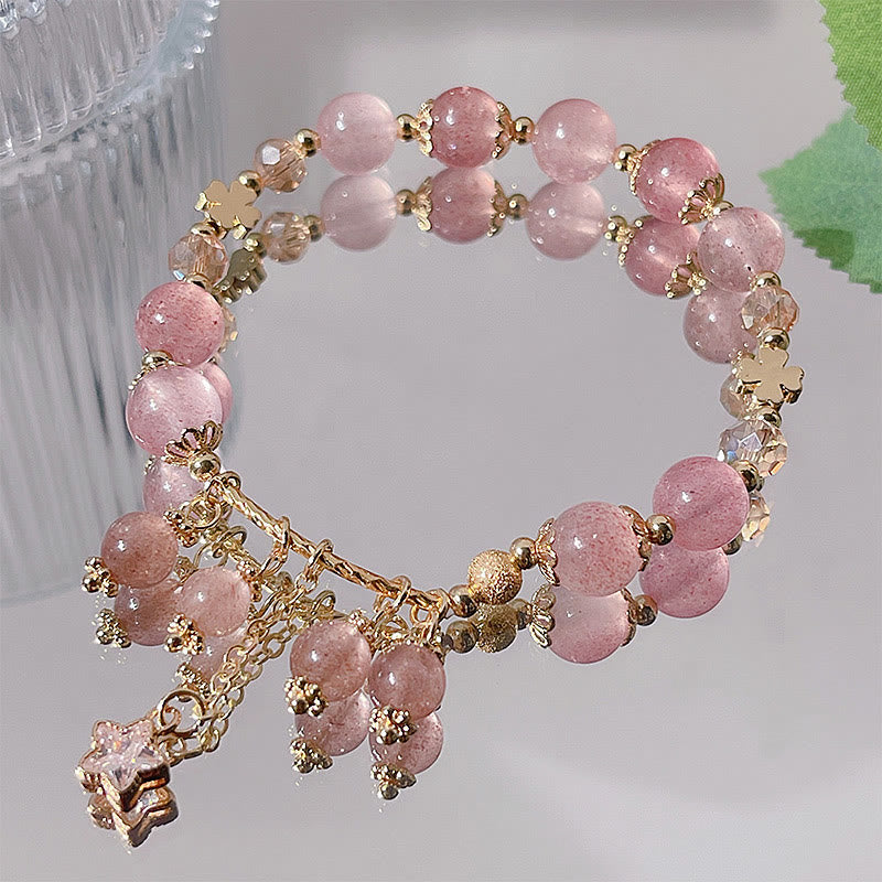 Natural Strawberry Quartz Four Leaf Clover Star Positive Bracelet