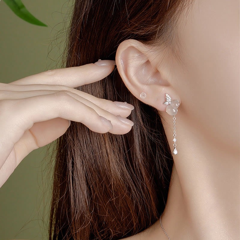 Hetian Jade Magnolia Chalcedony 925 Sterling Silver Butterfly Gourd Luck Earrings