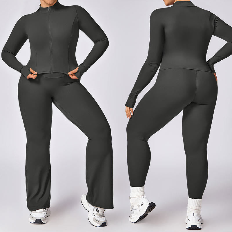 PLUS SIZE Zip Up Solid Sports Jacket Flared Pants Leggings Gym Yoga Quick Drying Outfits