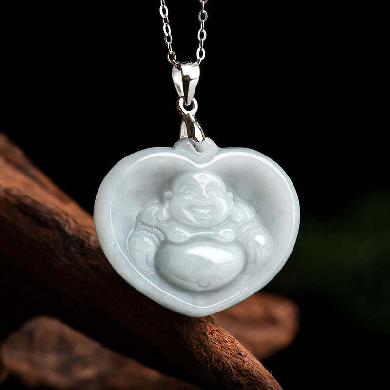 925 Sterling Silver Laughing mystic zen White Jade Luck Blessing Necklace Pendant