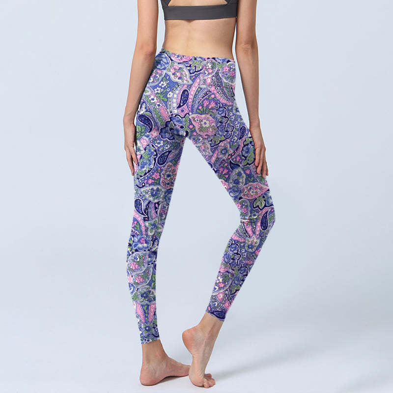 Purple Pink Cashew Flower Print Gym Fitness Leggings Women's Yoga Pants