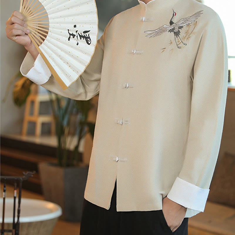 Chinese New Year Flying Crane Embroidery Frog-button Tang Suit Cotton Men's Jacket Shirt
