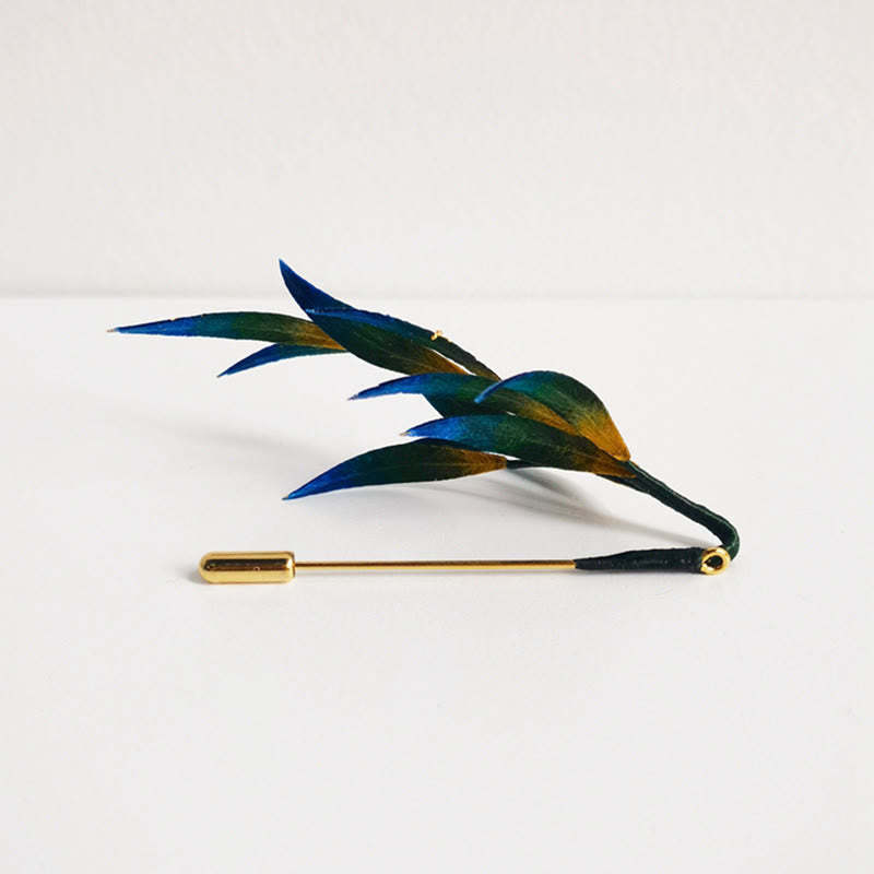 Handmade Velvet Flower Mulberry Silk Green Yellow Blue Leaves Brooch