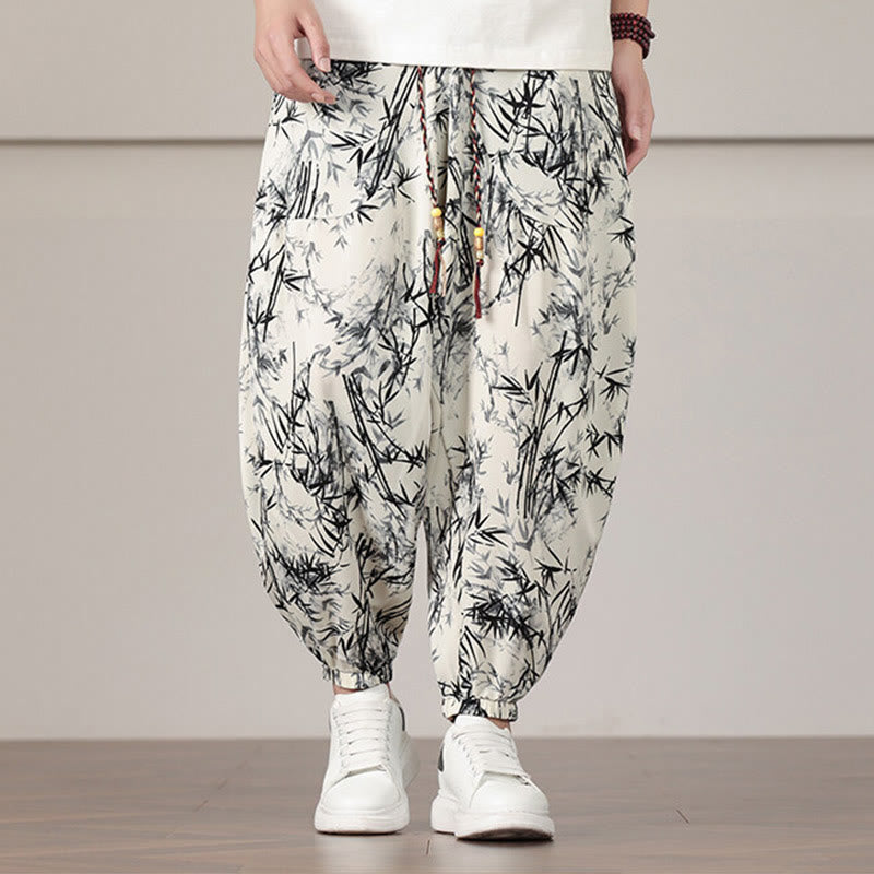 Bamboo Leaf Pattern Drawstring Men's Harem Pants With Pockets