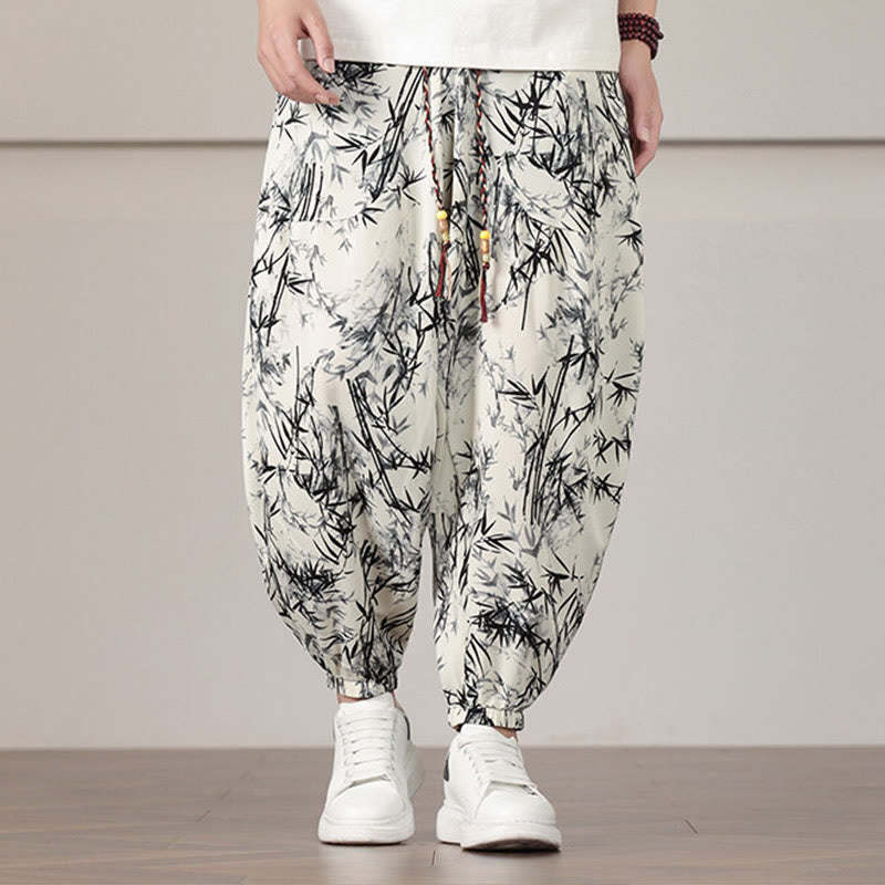 Bamboo Leaf Pattern Drawstring Men's Harem Pants With Pockets