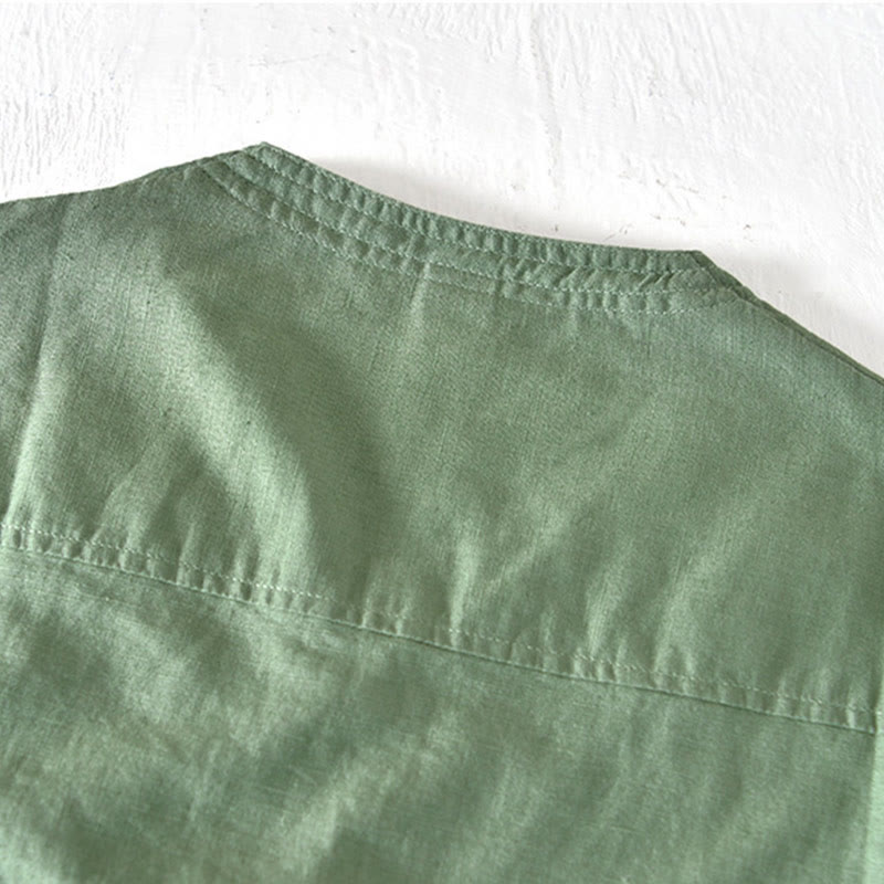 Summer Stand Collar Short Sleeve Cotton Linen Half Button Men's Shirt