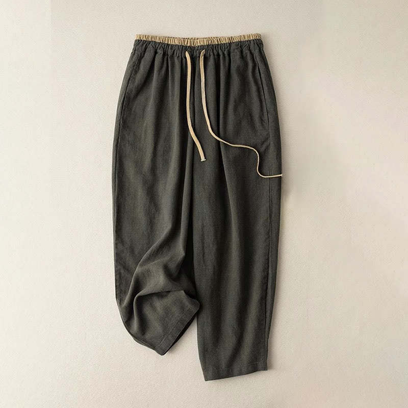 Casual Solid Color Cotton Linen Drawstring Women's Pants With Pockets