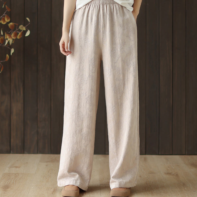Casual Loose Jacquard Women's Cotton Linen Wide Leg Pants With Pockets